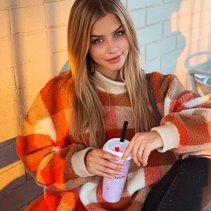 SPRING SALE❗️ Orange Cozy Teddy Plaid Sweater